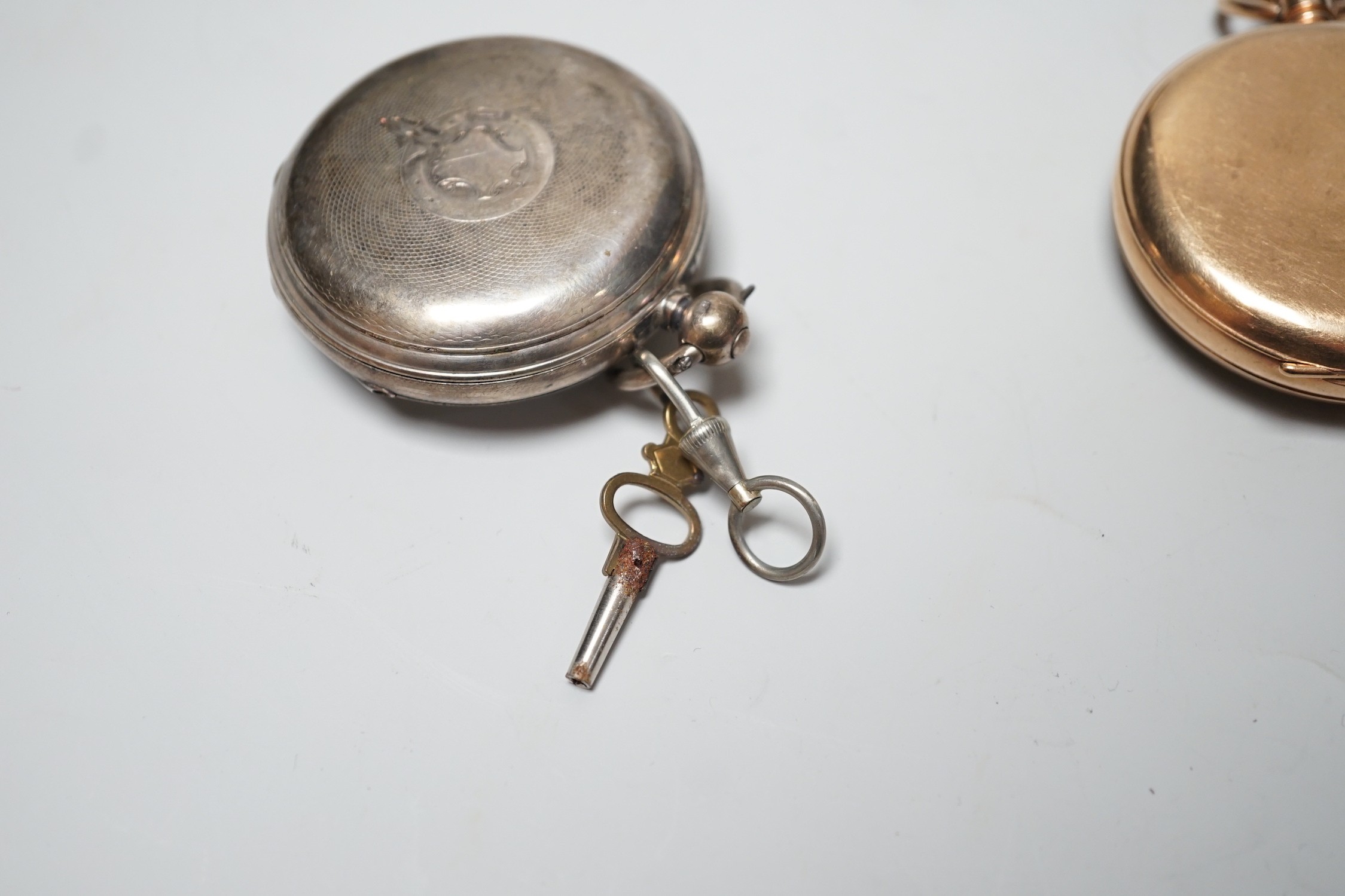 A George V J.W. Benson 9ct gold open faced pocket watch (a.f.), with interior personalised inscription, case diameter 48mm, gross weight 85.7 grams, together with a late Victorian silver open faced pocket watch.